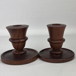 Set of 2 Vintage Wood Carved Hand Turned Taper Candle Holders Farmhouse Decor